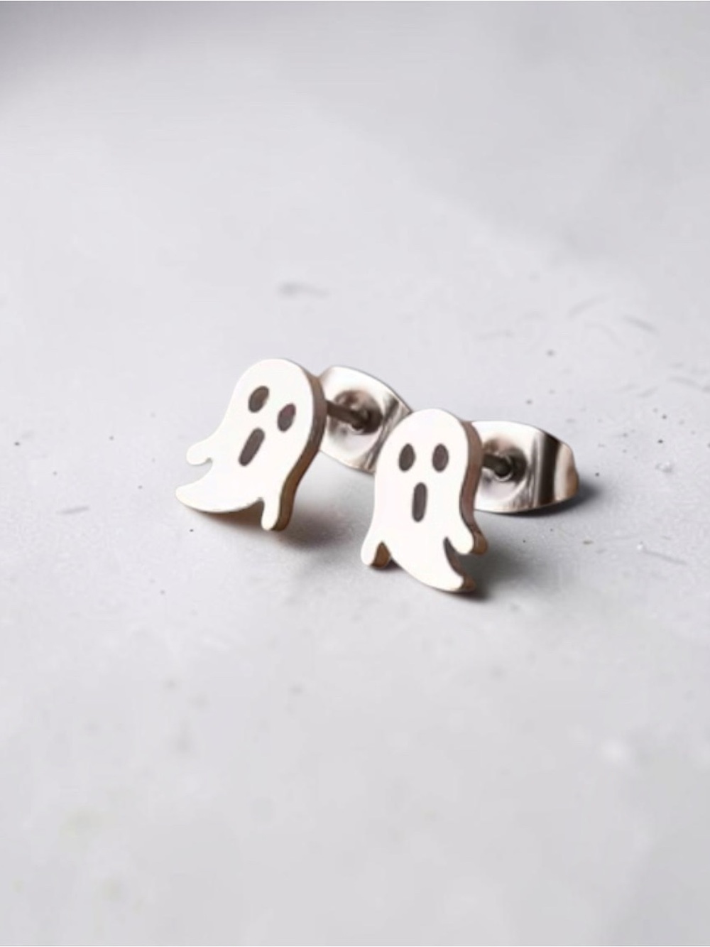 Silver Stainless Steel Ghost Stud Earrings